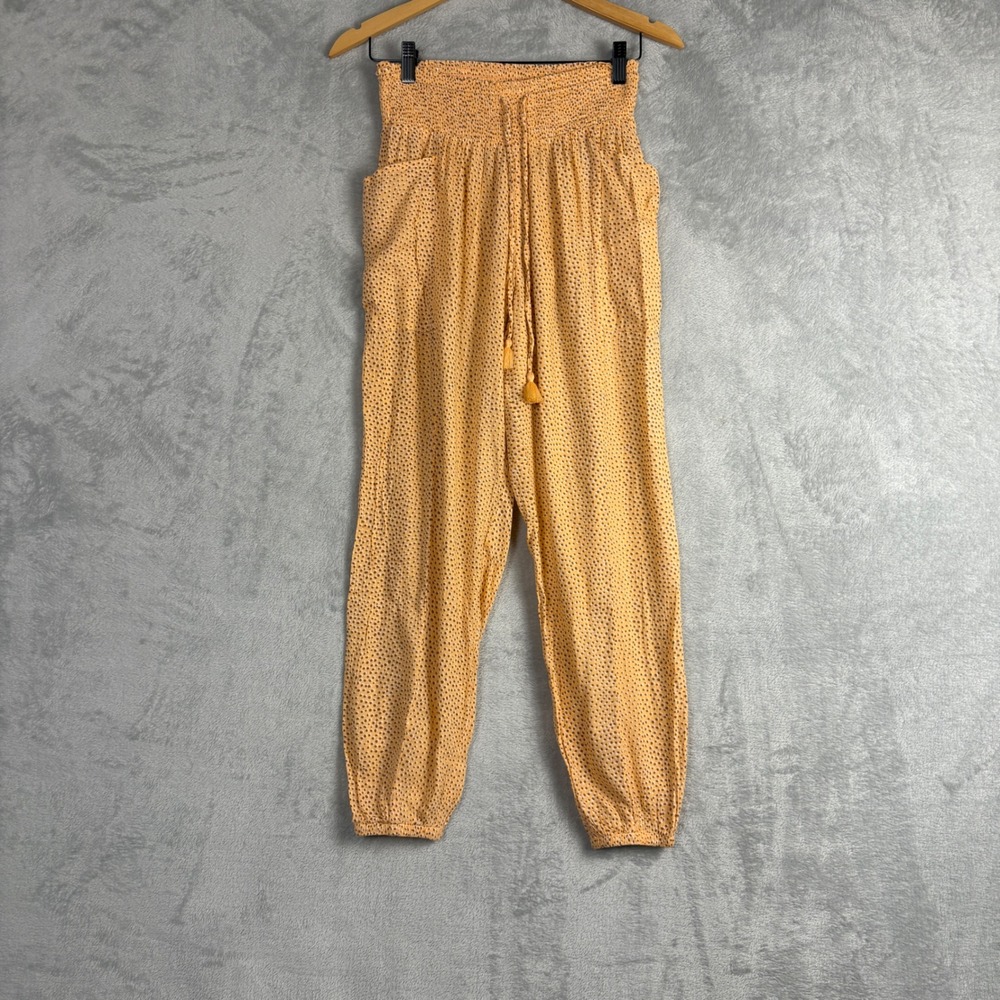 Aerie Womens XS Yellow Smocked Waist Tassel Jogger Pants Micro Dot Comfy Lounge